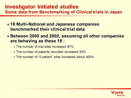 Investigator Initiated studies Some data from Benchmarking of Clinical trials in Japan 18 Multi-National and Japanese companies benchmarked their clinical.