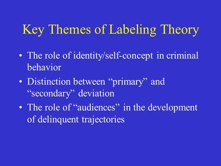 Key Themes of Labeling Theory The role of identity/self-concept in criminal behavior Distinction between “primary” and “secondary” deviation The role of.