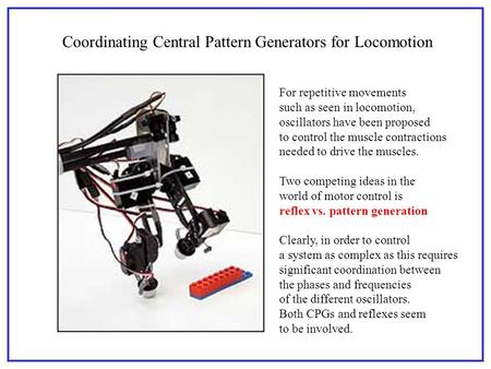Coordinating Central Pattern Generators for Locomotion For repetitive movements such as seen in locomotion, oscillators have been proposed to control the.
