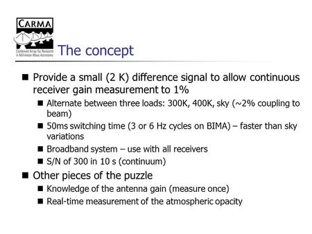 The concept Provide a small (2 K) difference signal to allow continuous receiver gain measurement to 1% Alternate between three loads: 300K, 400K, sky.