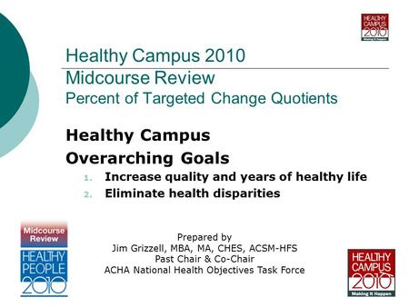 Healthy Campus 2010 Midcourse Review Percent of Targeted Change Quotients Healthy Campus Overarching Goals 1. Increase quality and years of healthy life.