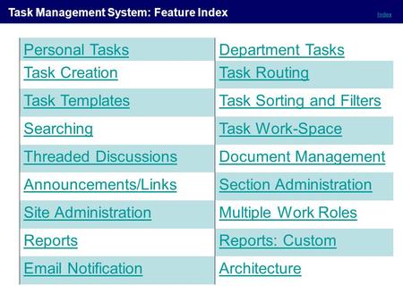 Index Task Management System: Feature Index Personal TasksDepartment Tasks Task CreationTask Routing Task TemplatesTask Sorting and Filters SearchingTask.