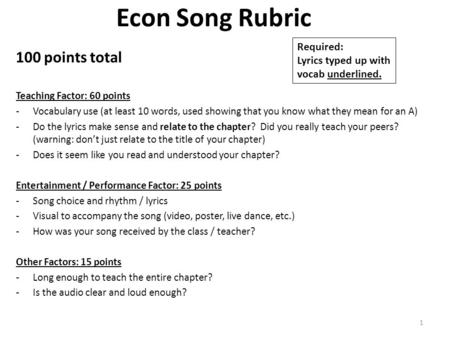 Econ Song Rubric 100 points total Teaching Factor: 60 points -Vocabulary use (at least 10 words, used showing that you know what they mean for an A) -Do.