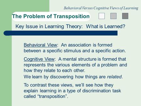 The Problem of Transposition Behavioral Versus Cognitive Views of Learning Key Issue in Learning Theory: What is Learned? Behavioral View: An association.