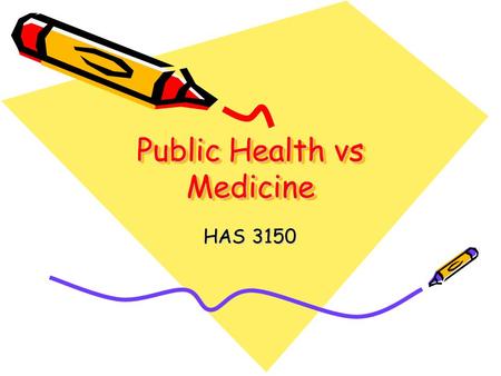 Public Health vs Medicine HAS 3150. Myths Medicine equals improved health status More and better equals healthier people The services we call health are.