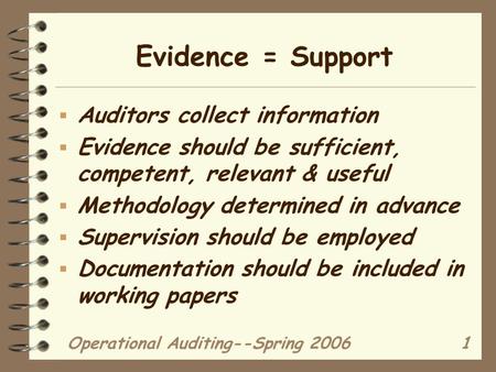 Operational Auditing--Spring 20061 Evidence = Support  Auditors collect information  Evidence should be sufficient, competent, relevant & useful  Methodology.