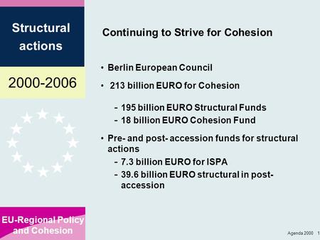 2000-2006 EU-Regional Policy and Cohesion Structural actions Agenda 2000 1 Continuing to Strive for Cohesion Berlin European Council 213 billion EURO for.