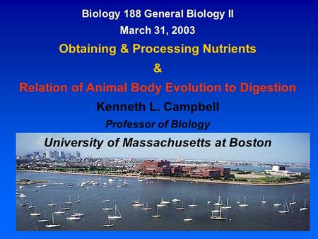 Biology 188 General Biology II March 31, 2003 Obtaining & Processing Nutrients & Relation of Animal Body Evolution to Digestion Kenneth L. Campbell Professor.