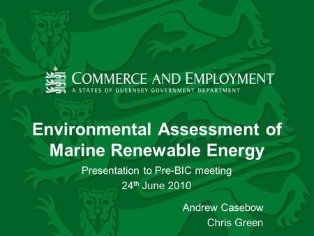 Environmental Assessment of Marine Renewable Energy Presentation to Pre-BIC meeting 24 th June 2010 Andrew Casebow Chris Green.