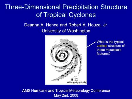 Three-Dimensional Precipitation Structure of Tropical Cyclones AMS Hurricane and Tropical Meteorology Conference May 2nd, 2008 Deanna A. Hence and Robert.