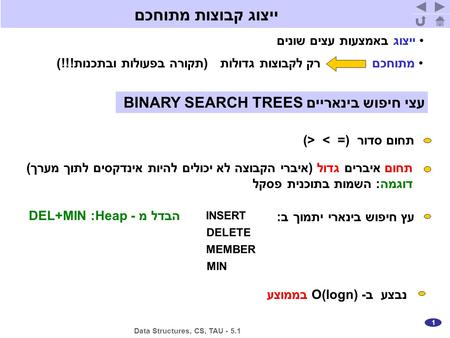 1 ייצוג באמצעות עצים שונים מתוחכם רק לקבוצות גדולות (תקורה בפעולות ובתכנות!!!) עצי חיפוש בינאריים BINARY SEARCH TREES תחום סדור (> < =) תחום איברים גדול.