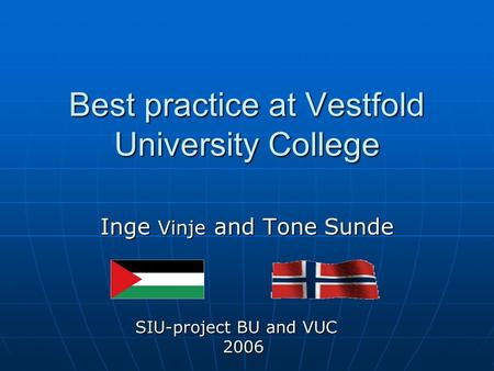 Best practice at Vestfold University College Inge Vinje and Tone Sunde SIU-project BU and VUC 2006 2006.