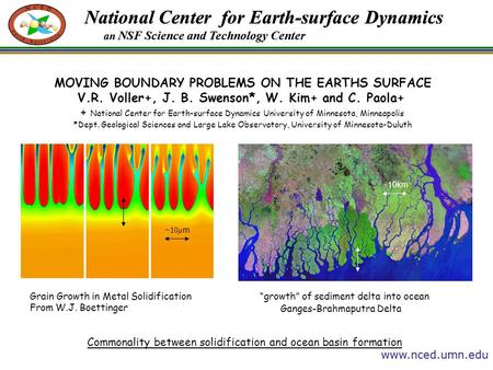 National Center for Earth-surface Dynamics an NSF Science and Technology Center www.nced.umn.edu MOVING BOUNDARY PROBLEMS ON THE EARTHS SURFACE V.R. Voller+,