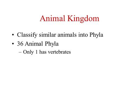 Animal Kingdom Classify similar animals into Phyla 36 Animal Phyla –Only 1 has vertebrates.