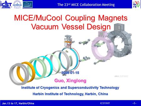 -1- ICST/HIT The 23 rd MICE Collaboration Meeting Jan.13 to 17, Harbin/China MICE/MuCool Coupling Magnets Vacuum Vessel Design 2009-01-15 Guo, Xinglong.