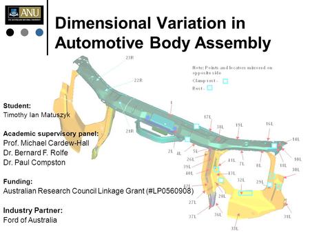 Dimensional Variation in Automotive Body Assembly Student: Timothy Ian Matuszyk Academic supervisory panel: Prof. Michael Cardew-Hall Dr. Bernard F. Rolfe.