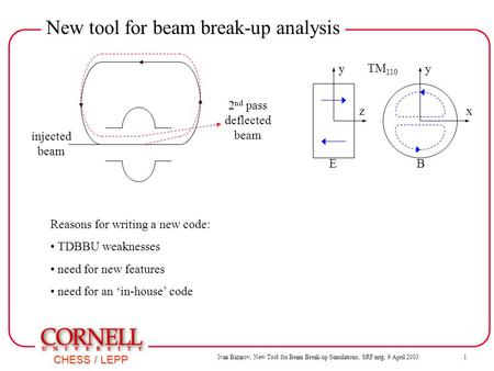 Ivan Bazarov, New Tool for Beam Break-up Simulations, SRF mtg, 9 April 2003 1 CHESS / LEPP New tool for beam break-up analysis y z y x EB injected beam.