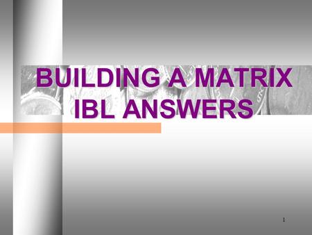 1 BUILDING A MATRIX IBL ANSWERS. DAY 2 2 IBL 1. What is IBL’s relative share for product 1? 1.5:1  Table 5.1 (1,500 divided by 1,000) = 1.5:1.