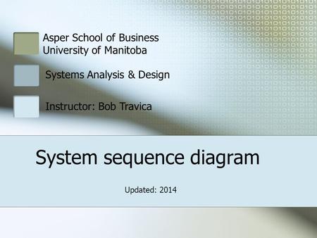 Asper School of Business University of Manitoba Systems Analysis & Design Instructor: Bob Travica System sequence diagram Updated: 2014.