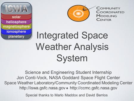 Integrated Space Weather Analysis System Science and Engineering Student Internship Jon Conti-Vock, NASA Goddard Space Flight Center Space Weather Laboratory/Community.