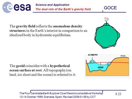 The Four Candidate Earth Explorer Core Missions consultative Workshop 12-14 October 1999, Granada, Spain, Revised 2006-01-05 by CCT GOCE S 23 The gravity.