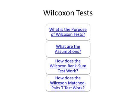 Wilcoxon Tests What is the Purpose of Wilcoxon Tests? What are the Assumptions? How does the Wilcoxon Rank-Sum Test Work? How does the Wilcoxon Matched-