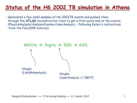 Margret Fincke-Keeler ---- UVic Group Meeting --- 11 March 20051 Status of the H6 2002 TB simulation in Athena - Generated a few small samples of H6-2002TB.