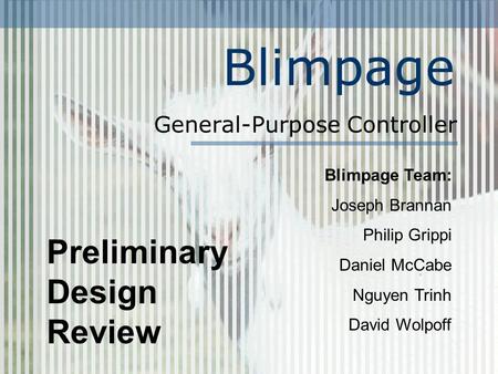 Blimpage General-Purpose Controller Blimpage Team: Joseph Brannan Philip Grippi Daniel McCabe Nguyen Trinh David Wolpoff Preliminary Design Review.