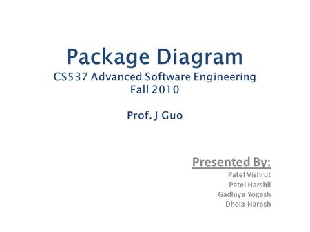 Package Diagram CS537 Advanced Software Engineering Fall 2010 Prof. J Guo Presented By: Patel Vishrut Patel Harshil Gadhiya Yogesh Dhola Haresh.