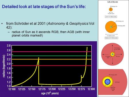 Lecture 17PHYS1005 – 2003/4 Detailed look at late stages of the Sun’s life: from Schröder et al 2001 (Astronomy & Geophysics Vol 42): –radius of Sun as.