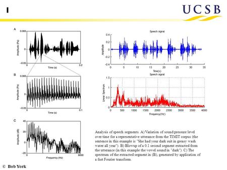 © Bob York l Analysis of speech segments. A) Variation of sound pressure level over time for a representative utterance from the TIMIT corpus (the sentence.