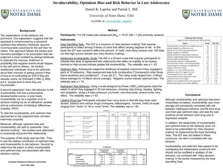 Invulnerability, Optimism Bias and Risk Behavior in Late Adolescence Daniel K. Lapsley and Patrick L. Hill University of Notre Dame, USA Available at: