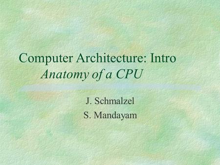 Computer Architecture: Intro Anatomy of a CPU J. Schmalzel S. Mandayam.