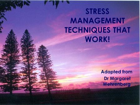 STRESS MANAGEMENT TECHNIQUES THAT WORK! Adapted from Dr Margaret Wehrenberg.