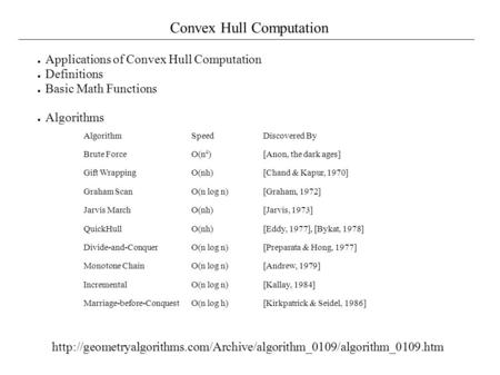 Convex Hull Computation ● Applications of Convex Hull Computation ● Definitions ● Basic Math Functions ● Algorithms Algorithm Speed Discovered By Brute.