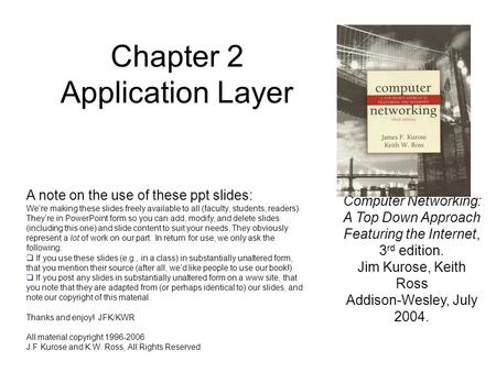 Chapter 2 Application Layer Computer Networking: A Top Down Approach Featuring the Internet, 3 rd edition. Jim Kurose, Keith Ross Addison-Wesley, July.