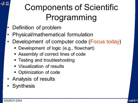 GG250 F-2004 Lab 6-1 Components of Scientific Programming Definition of problem Physical/mathematical formulation Development of computer code (Focus today)