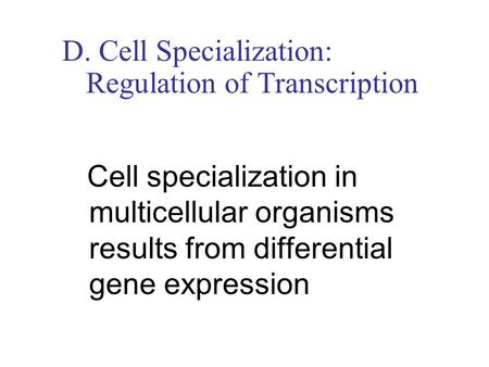 D. Cell Specialization: Regulation of Transcription Cell specialization in multicellular organisms results from differential gene expression.