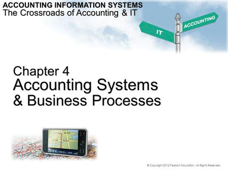 Chapter 4 Accounting Systems & Business Processes ACCOUNTING INFORMATION SYSTEMS The Crossroads of Accounting & IT © Copyright 2012 Pearson Education.