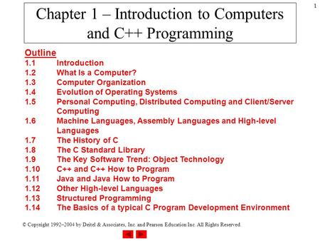 © Copyright 1992–2004 by Deitel & Associates, Inc. and Pearson Education Inc. All Rights Reserved. 1 Chapter 1 – Introduction to Computers and C++ Programming.