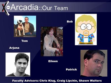 Arcadia ::Our Team Tom Eileen Bob Patrick Arjuna Faculty Advisors: Chris Klug, Craig Lipchin, Shawn Walters.