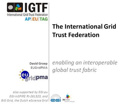 David Groep EUGridPMA The International Grid Trust Federation enabling an interoperable global trust fabric also supported by EGI.eu EGI-InSPIRE RI-261323,