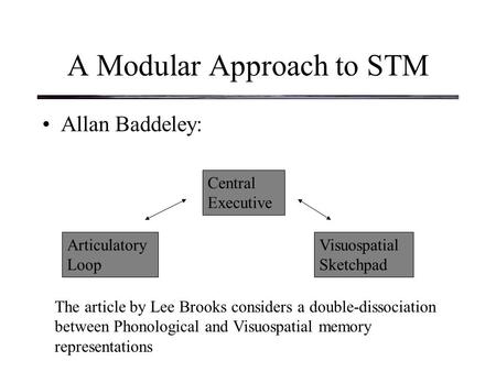 A Modular Approach to STM Allan Baddeley: Articulatory Loop Central Executive Visuospatial Sketchpad The article by Lee Brooks considers a double-dissociation.