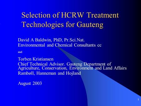 Selection of HCRW Treatment Technologies for Gauteng