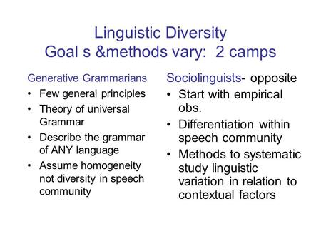 Linguistic Diversity Goal s &methods vary: 2 camps Generative Grammarians Few general principles Theory of universal Grammar Describe the grammar of ANY.