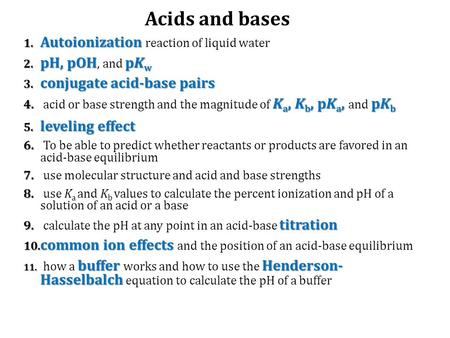 1. Autoionization 1. Autoionization reaction of liquid water 2. pH, pOHpK w 2. pH, pOH, and pK w 3. conjugate acid-base pairs 4. K a, K b, pK a, pK b 4.