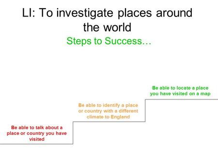 LI: To investigate places around the world Steps to Success… Be able to talk about a place or country you have visited Be able to identify a place or country.