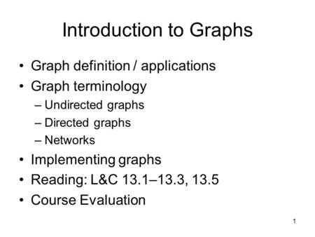 1 Introduction to Graphs Graph definition / applications Graph terminology –Undirected graphs –Directed graphs –Networks Implementing graphs Reading: L&C.