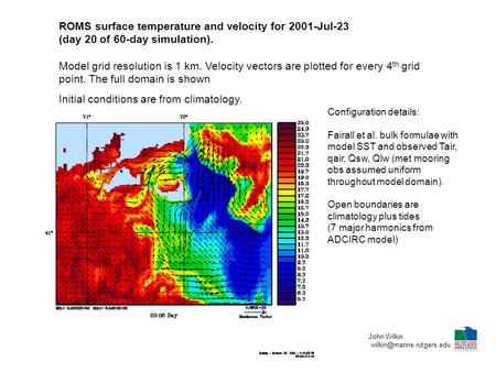 ROMS surface temperature and velocity for 2001-Jul-23 (day 20 of 60-day simulation). Model grid resolution is 1 km. Velocity vectors are plotted for every.