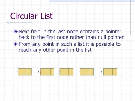 Circular List Next field in the last node contains a pointer back to the first node rather than null pointer From any point in such a list it is possible.